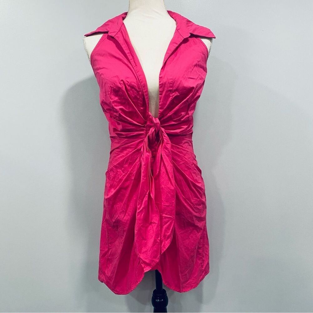 HERS & MINE S Hot Pink Halter Tie Front Backless Mini Dress Coquette Barbiecore